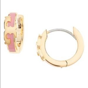 New Tory Burch Gold Logo, Pink Enamel Small Huggie Hoop